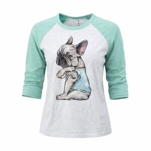 JOKYO French Bulldog Graphic Raglan T-Shirt 3/4 Sleeve Gray Mint Women’s Size L